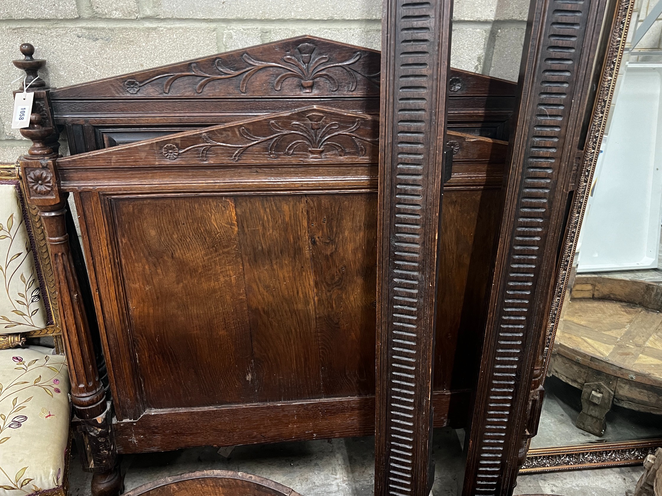 A late 19th century French carved oak single bed frame, width 110cm height 115cm